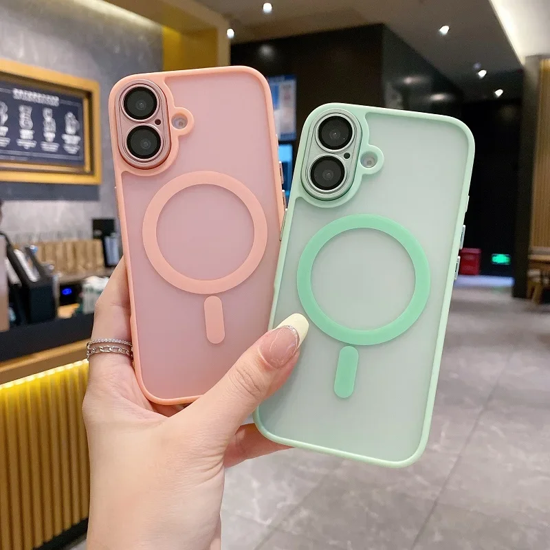 iPhone 16E 용 반투명 전화 케이스 16 15 14 13 11 12 16 Pro Max Plus Magsafe 무선 충전 매트 커버 용 자기 케이스