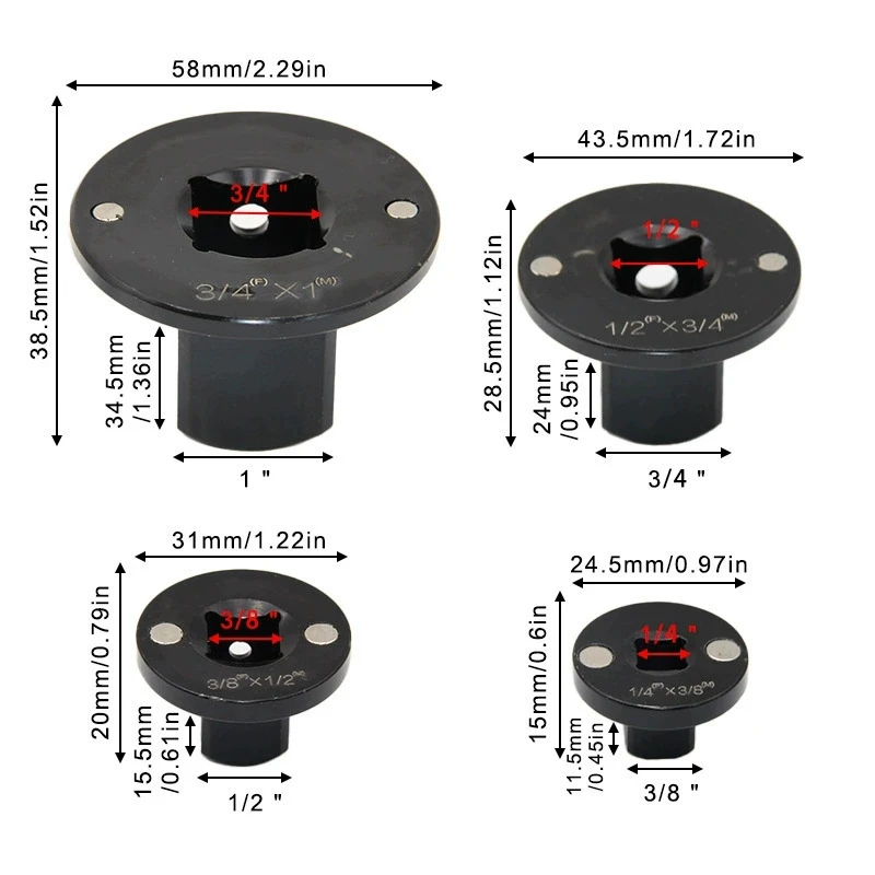 4-teiliges Niederprofil-Steckschlüsseladapter-Set, Antriebsadapter für Schlagschrauber, Ratsche, Bohrer, 1/4, 3/8, 1/2, 3/4 bis 1 Zoll, Hochleistungsausführung – Detail 3