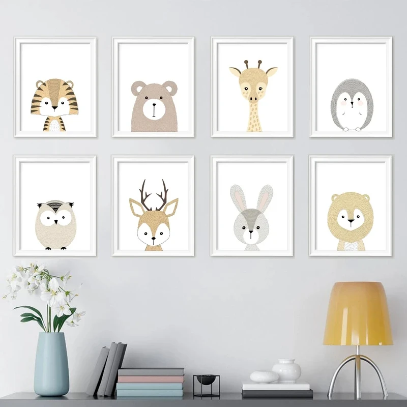 Woodland Cute Animal Cartoon Fox Bear Deer Rabbit Posters Prints Canvas Painting Wall Art Picture for Baby Room Nursery Decor