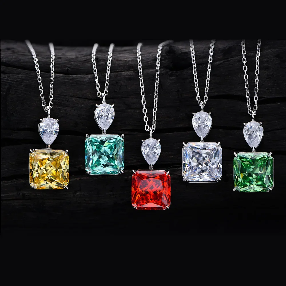 New Models 8ct High Carbon Diamond Necklace for Women, 10 * 10 Ice Cut Padma Color Simulation Ruby Small and Versatile