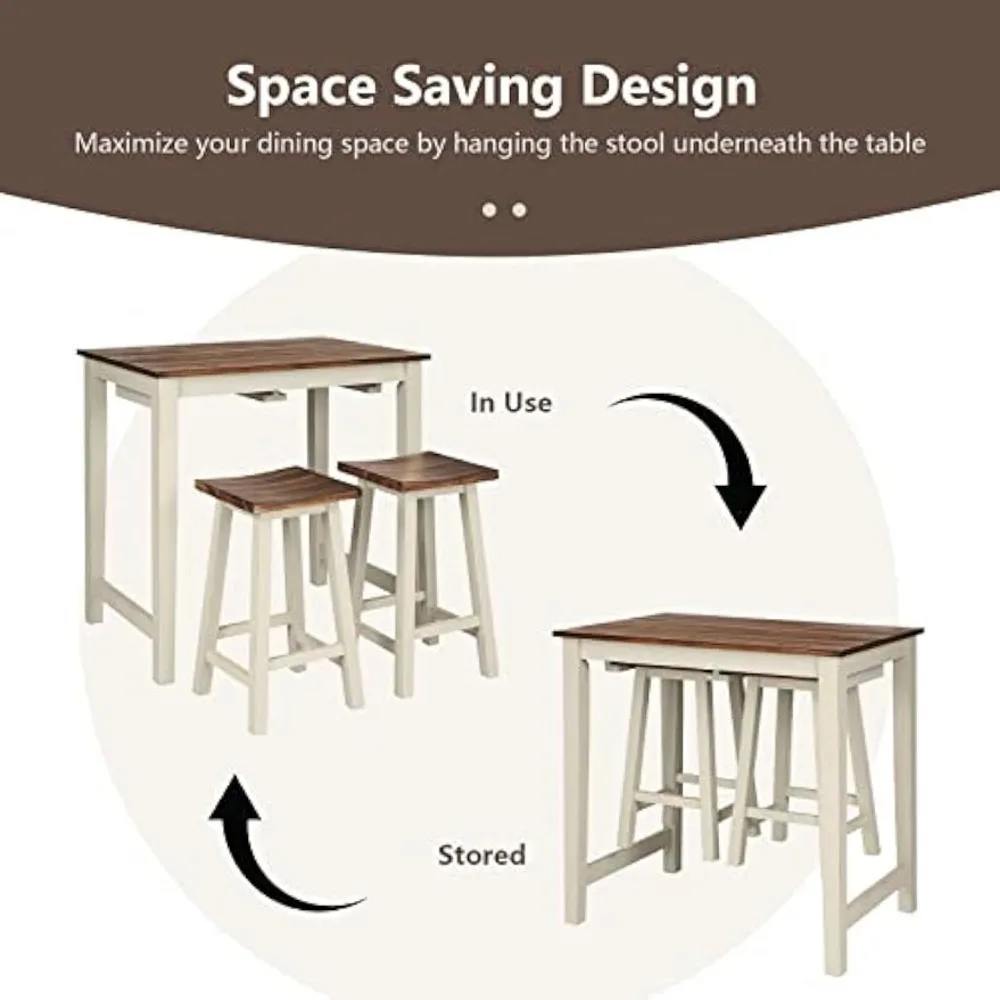 Juego de comedor de 3 piezas, juego de mesa de pub con altura de mostrador y 2 taburetes de sillín, juego de mesa de desayuno de madera industrial para bar