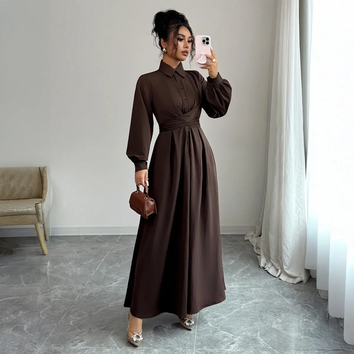 

Simple Fashion Long Sleeve Button up Dress Women's A-Line Skirt Polyester Fiber Adjustable Waist Bubble Sleeve Shirt Collar