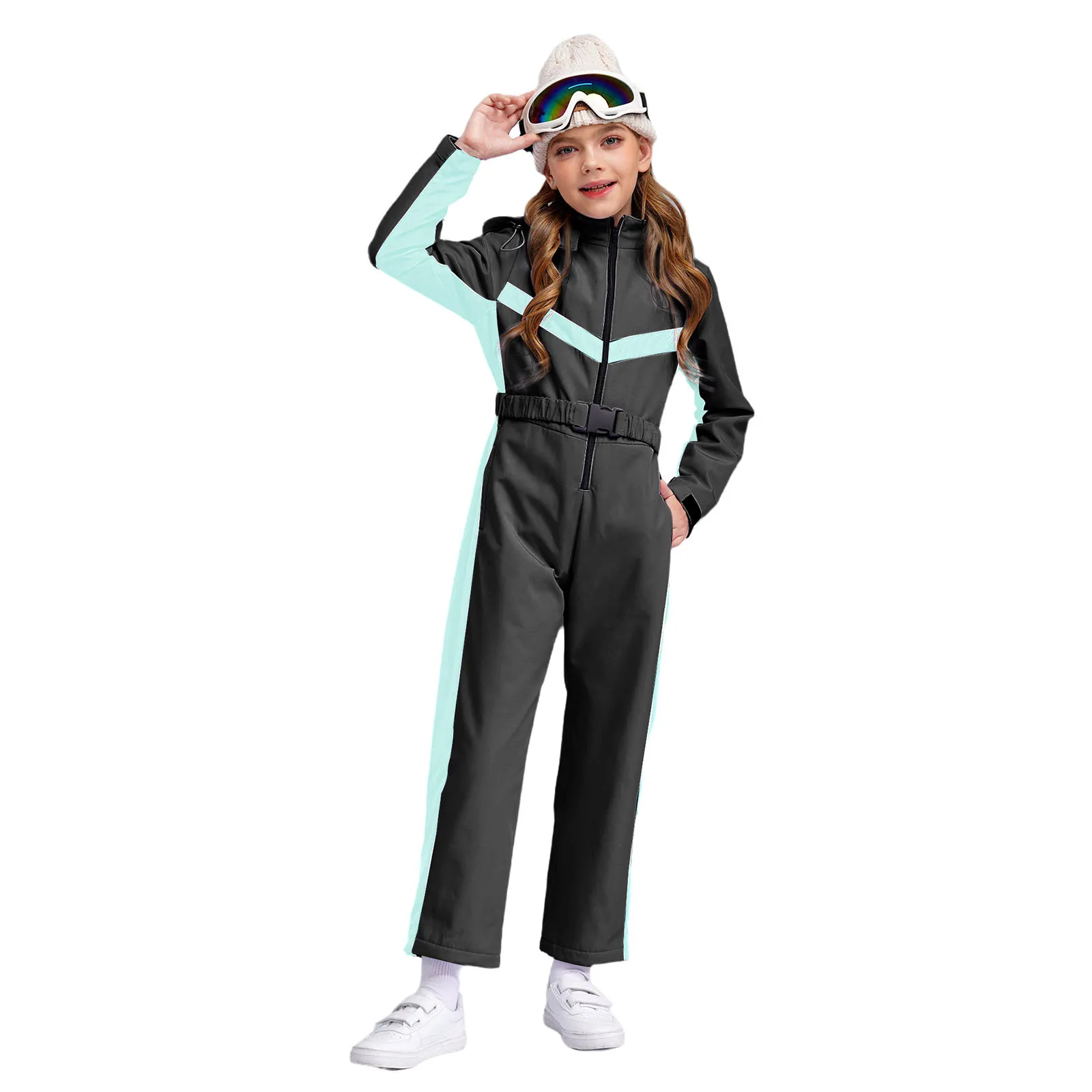 Kids Girls Ski Jumpsuit Hooded Bodysuit Water Resistant Pants Snowsuit with Belt for Outdoor Snow Sports Skiing Snowboarding