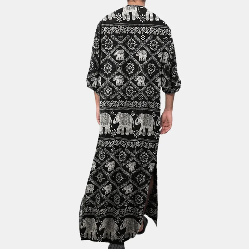 2023 Men Muslim Robes Ethnic Print Long Sleeve Pockets Loose Casual Robe Abaya Islamic Arabia Kaftan Man Dubai Kaftan Abayas