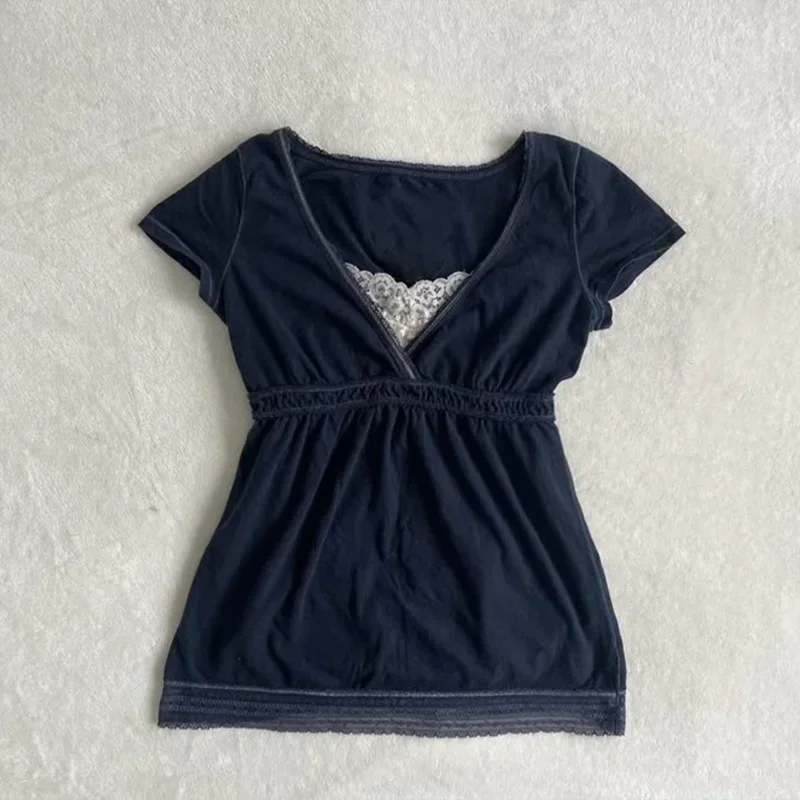 

Solid color versatile T-shirt lace retro decoration punk Y2K crop top rock aesthetic slim high street urban casual women T-shirt