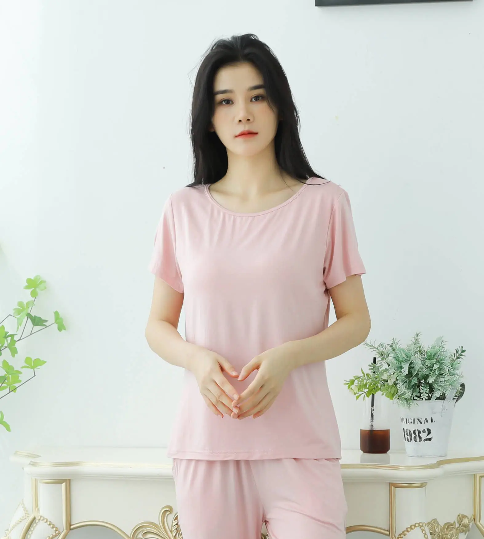 Two Piece Set Summer Women Pijama Sleeping Pyjamas Summer New Modal Pajamas For Women With Cups Plus Size Loose Home Suits