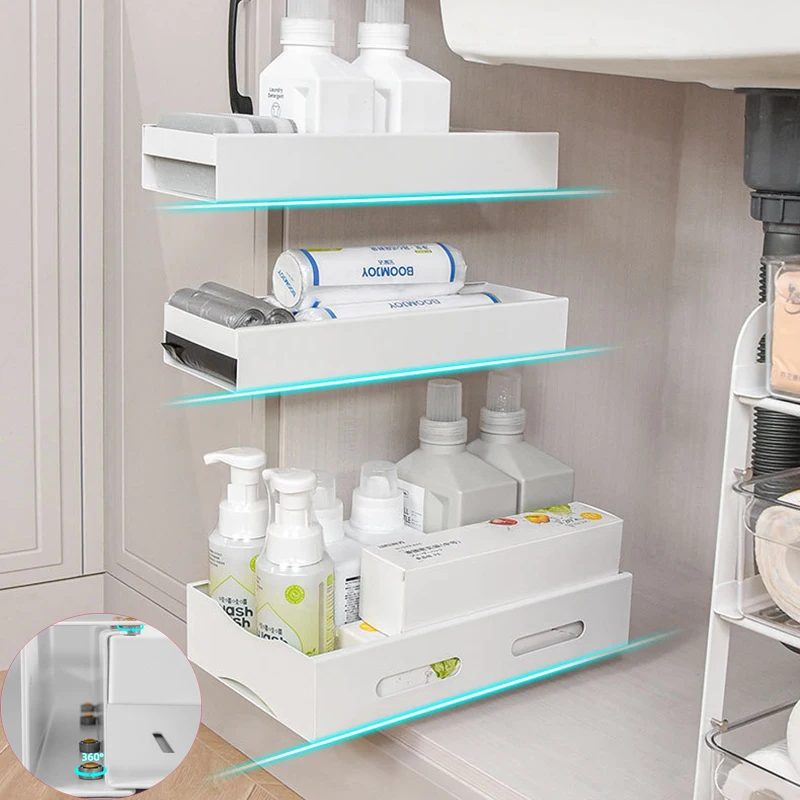 Wall Mounted Carbon Steel Storage Shelf Kitchen Cabinet Track Pull Organization Storage Basket Punch-Free Closet Organizer Shelf