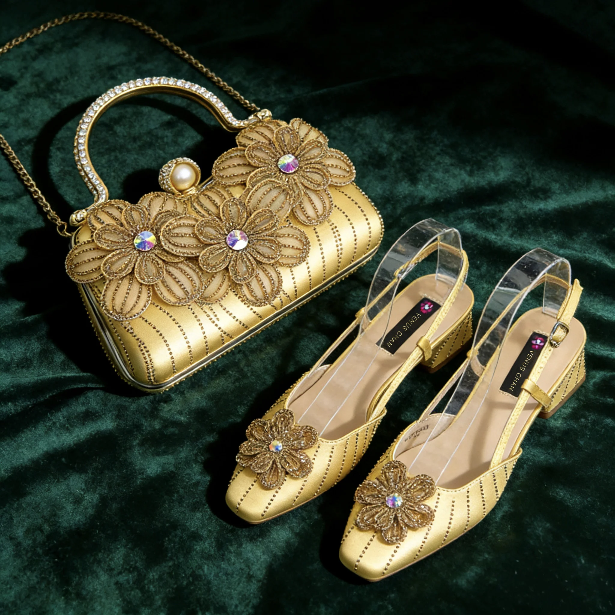 

Party Shoes And Bag Ladies Heel Decoration Pure Elegant Flower Wedding Shoes And Bag Full rhinestone Fashion Handbag