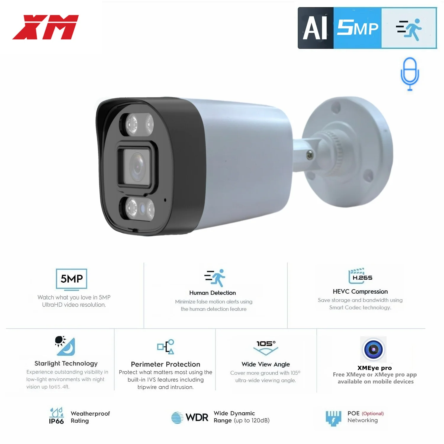 XM 5Mp AI Ip Camera Poe Cctv Security Camera H.265+ Outdoor Waterproof Audio Video Surveillance For Nvr System Xmeyepro