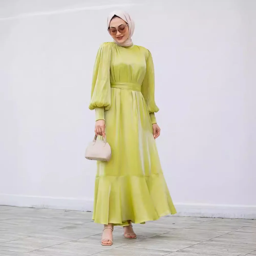 2024 New Women's Moslem Style Solid Color Ruffle Edge Large hem Design with Tie Up Long Sleeves Elegance Fashion Dress