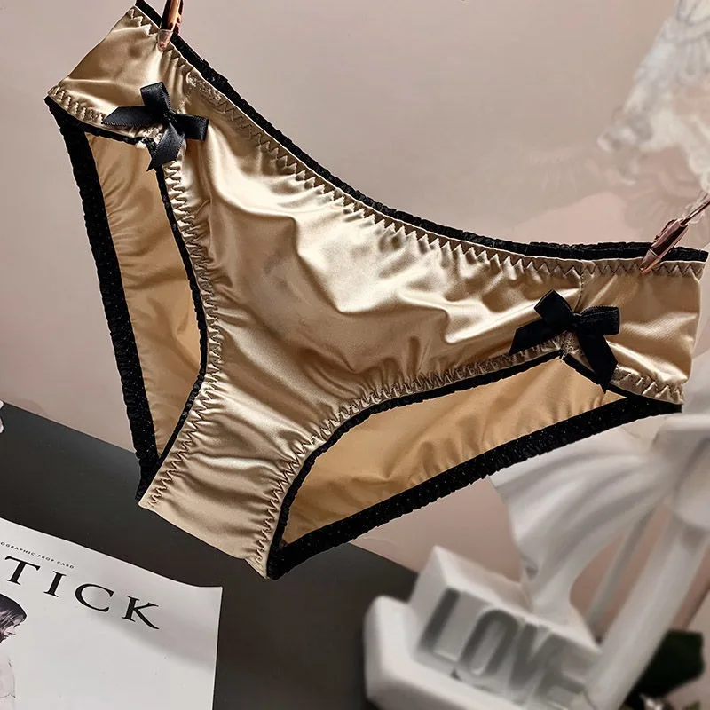 Japanese Ice Silk Bow Satin Fashion Sexy Lace Underwear Women\'s Wooden Ear Edge Briefs Low Waist Triangle Pants Sweet Panties