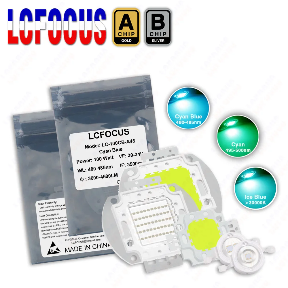 Chip LED 1W 3W 5W 10W 20W 30W 50W 100W 300W błękit cyjan lodowy blękit 485nm 495nm COB dioda elektroluminescencyjna koraliki do lamp punktowych downlighty reflektory