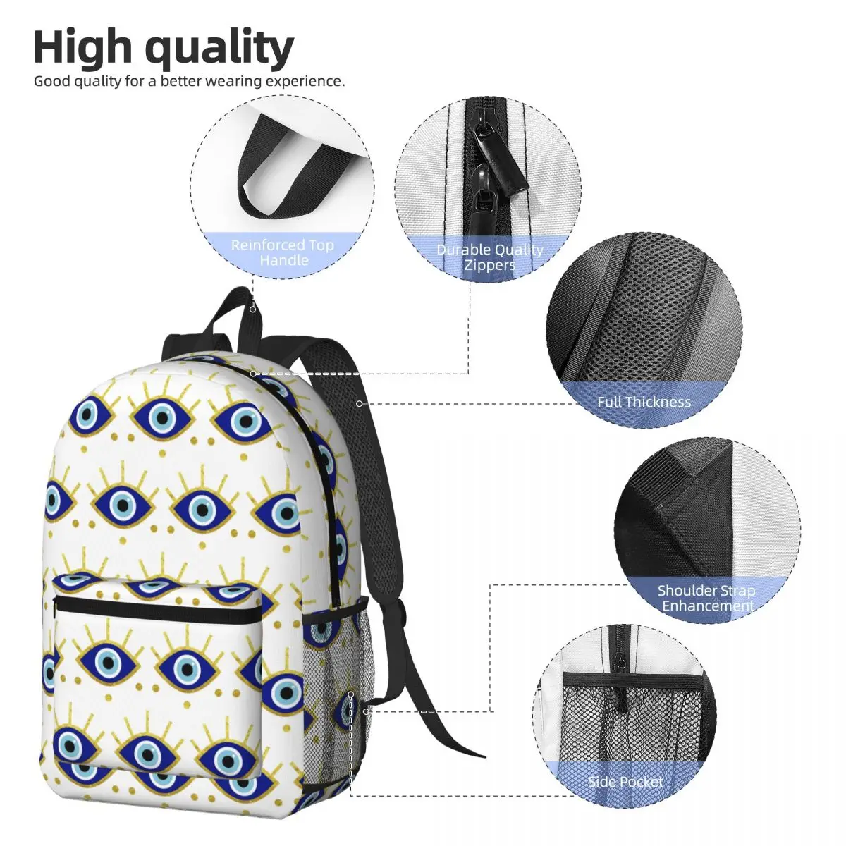 Mediterranean Evil Eye Protection, Nazar Backpack Daypack Large Capacity Boys Girls BookBag School Bag Shoulder Bags Men Women