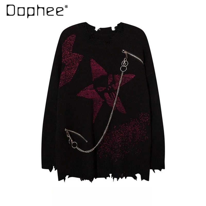 

2024 весна и осень, новый мужской темный стиль, одинаковый дизайн, ожерелье, черный, красный свитер, потертый полый серый повседневный свитер