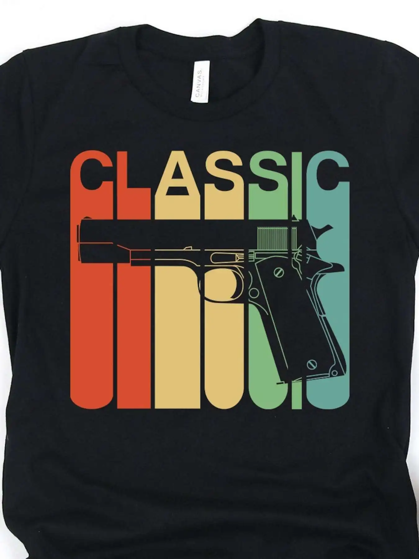 

Classic 1911-A1.45 Caliber Retro Gun Rights Graphic with Bold"CLASSIC"Print&Handgun Design-100% cotton printed men's T-shirt.