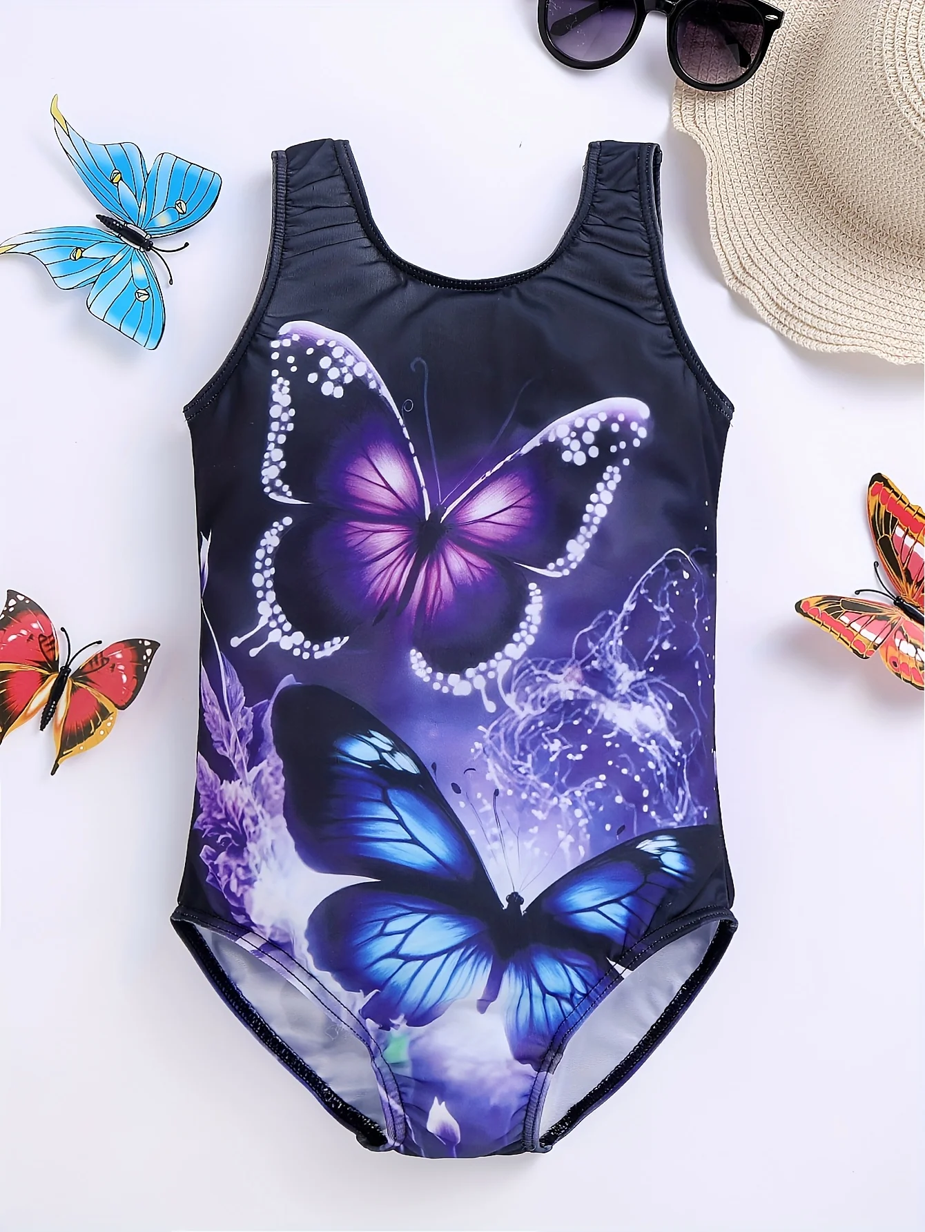 

Girls Butterfly Print One-Piece Swimsuit - High Stretch Sleeveless Beach & Poolside Swimsuit Chest Pad