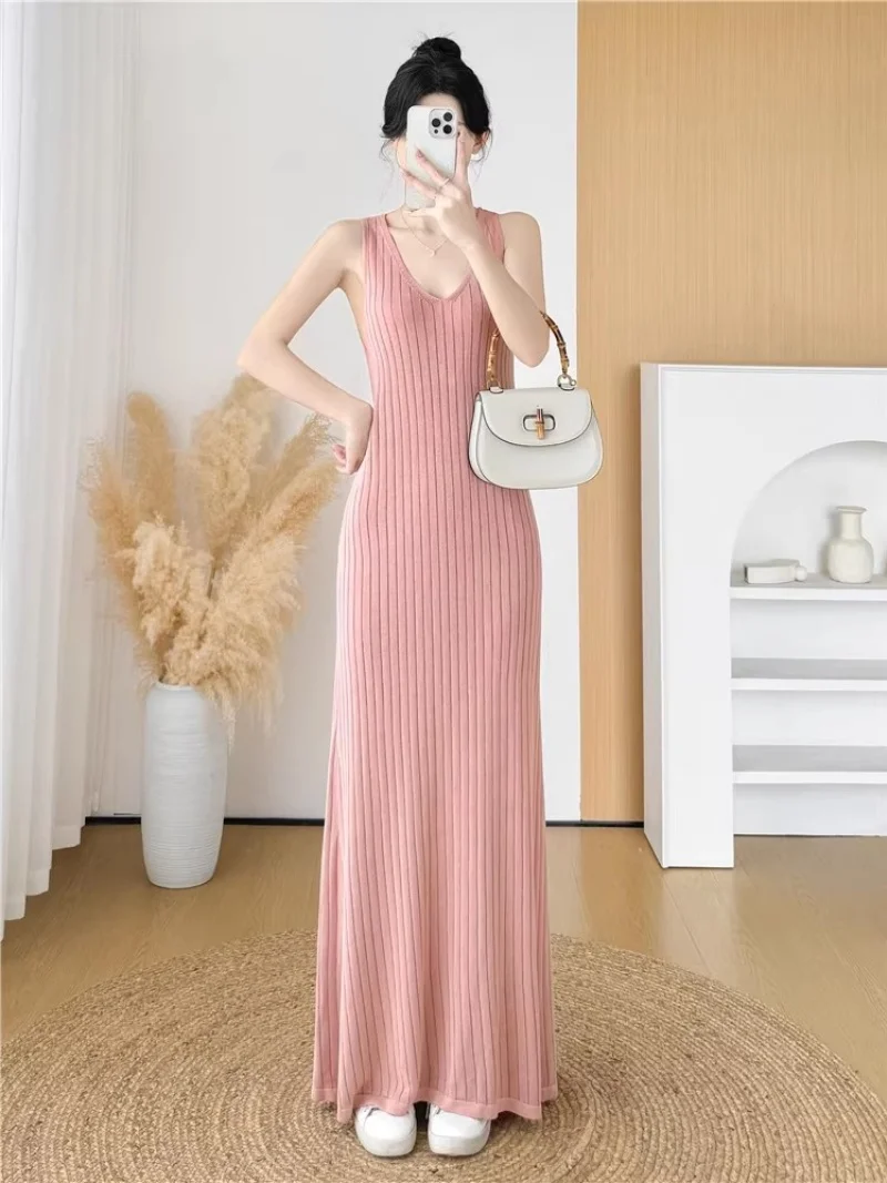 X-Long V-Neck Sleeveless Suspender Ice Silk Knitted Dress Summer New Collection Slim Fit Tank Top Long Dress For Women w468