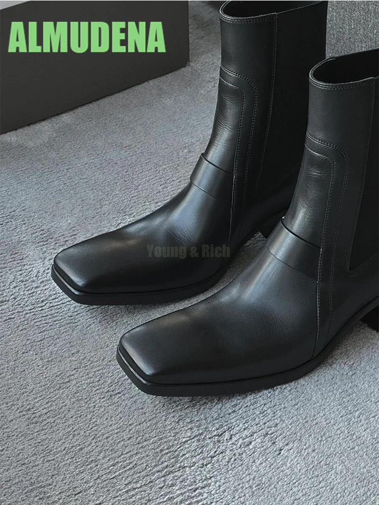 أحذية بمقدمة مربعة، كعب متوسط للدراجات النارية، أحذية عصرية للرجال والنساء بتصميم بسيط من الجلد وأكمام قصيرة #1