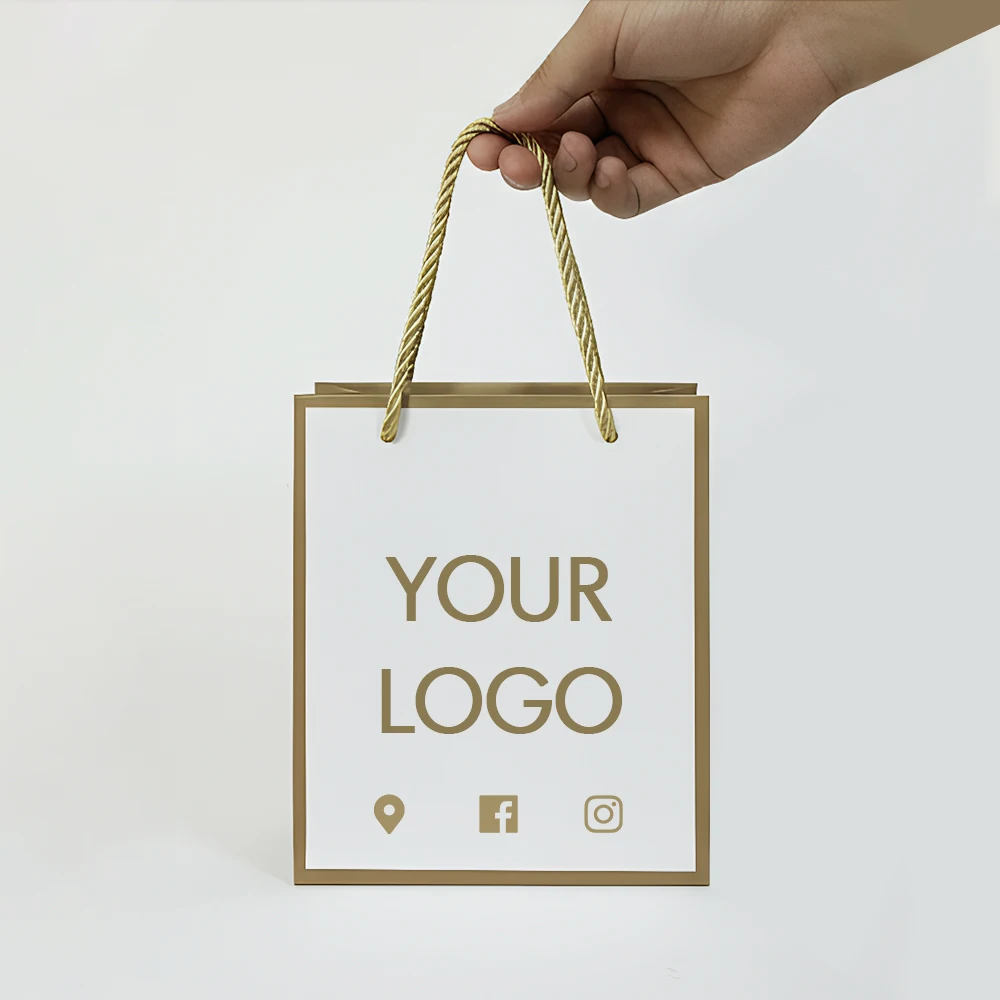 

50Pcs/lot Customized Logo Gold Border Personal Paper Bags Small Jewelry Bags Gift Clothing Shopping Bags One Side Printing Logo