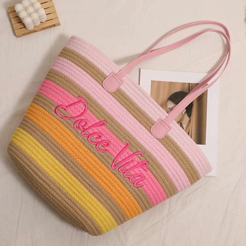 Fashion Letter Embroidery Cotton Thread Weaving Shoulder Bag New Large Capacity Colorful Stripes Vacation Outdoor  Beach Bag