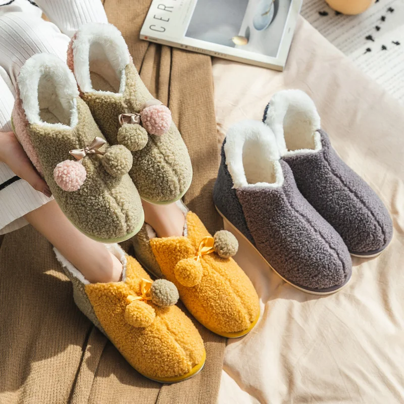 

Woman Men Indoor Slippers Winter Warm Soft Couples Plush Home Snow Boots Anti-slip Female high top hair bulb House Footwear