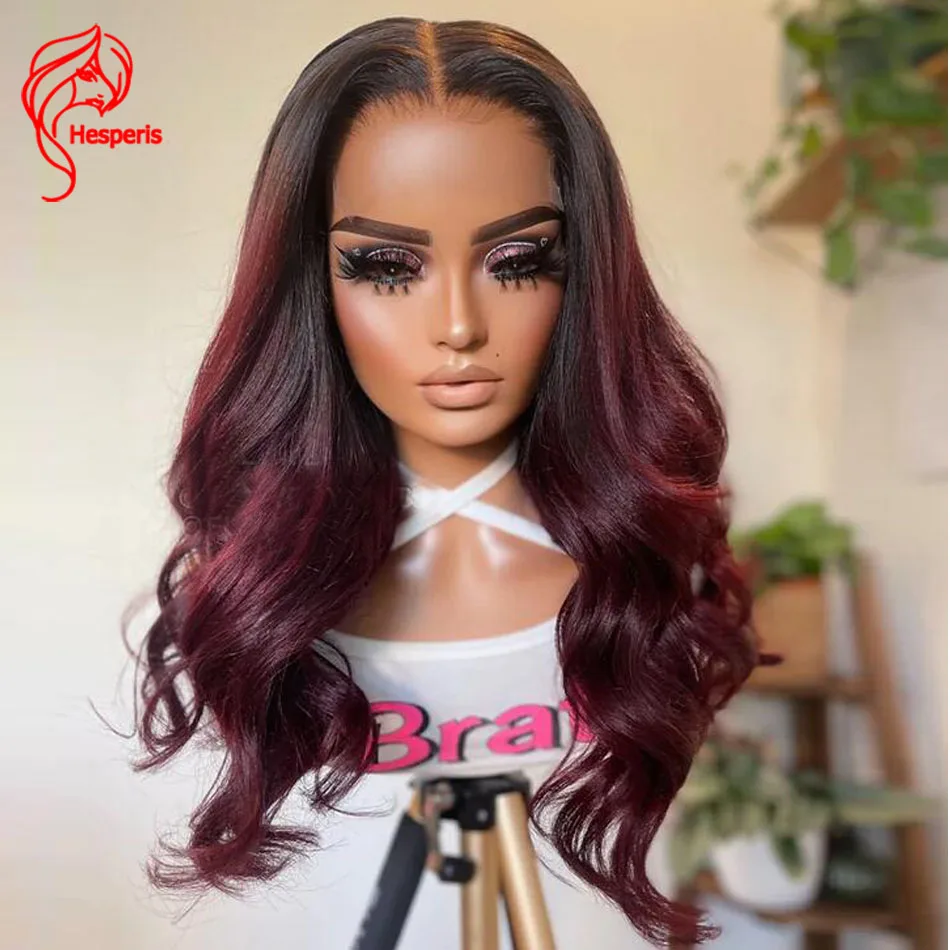 Hesperis Ombre Lace Front Wigs Brazilian Remy Glueless Lace Frontal Human Hair Wig 1b Burgundy Silk Base Lace Claosure Wig 99J