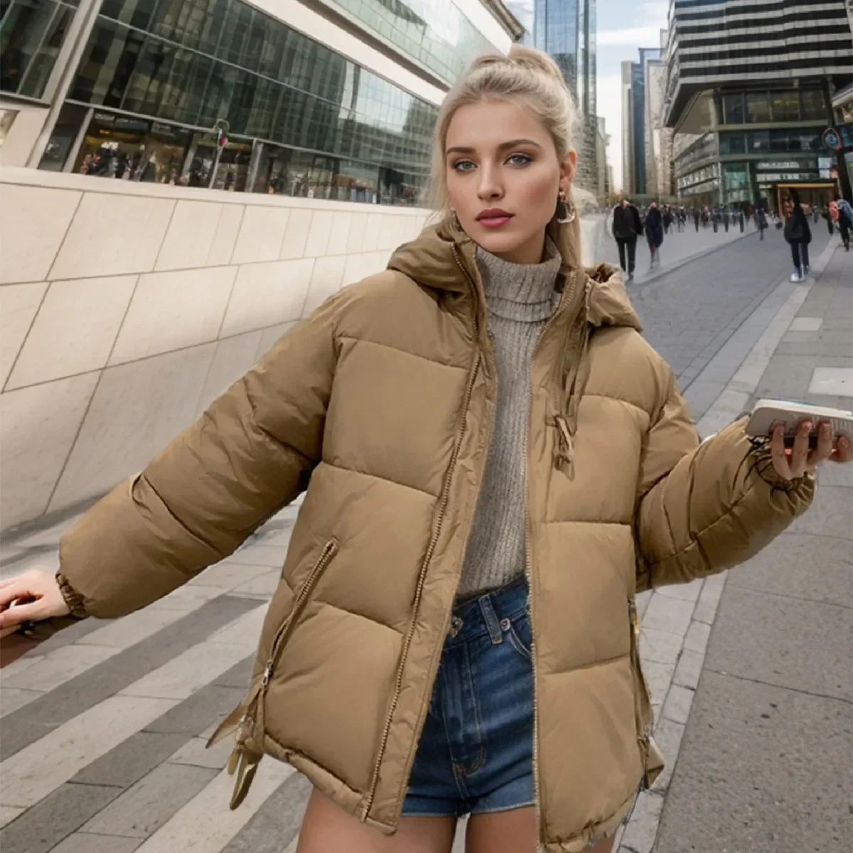 Damska kurtka zimowa z podszewką, nowa, z kapturem, gruba, ciepła kurtka bawełniana, damska kurtka parka na zamek w jednolitym kolorze, odzież damska 2025
