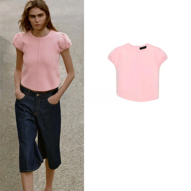 

Новая женская трикотажная кофта на молнии с круглым вырезом и короткими рукавами-фонариками в повседневном стиле, весна-лето, из полиэстера, простой крой