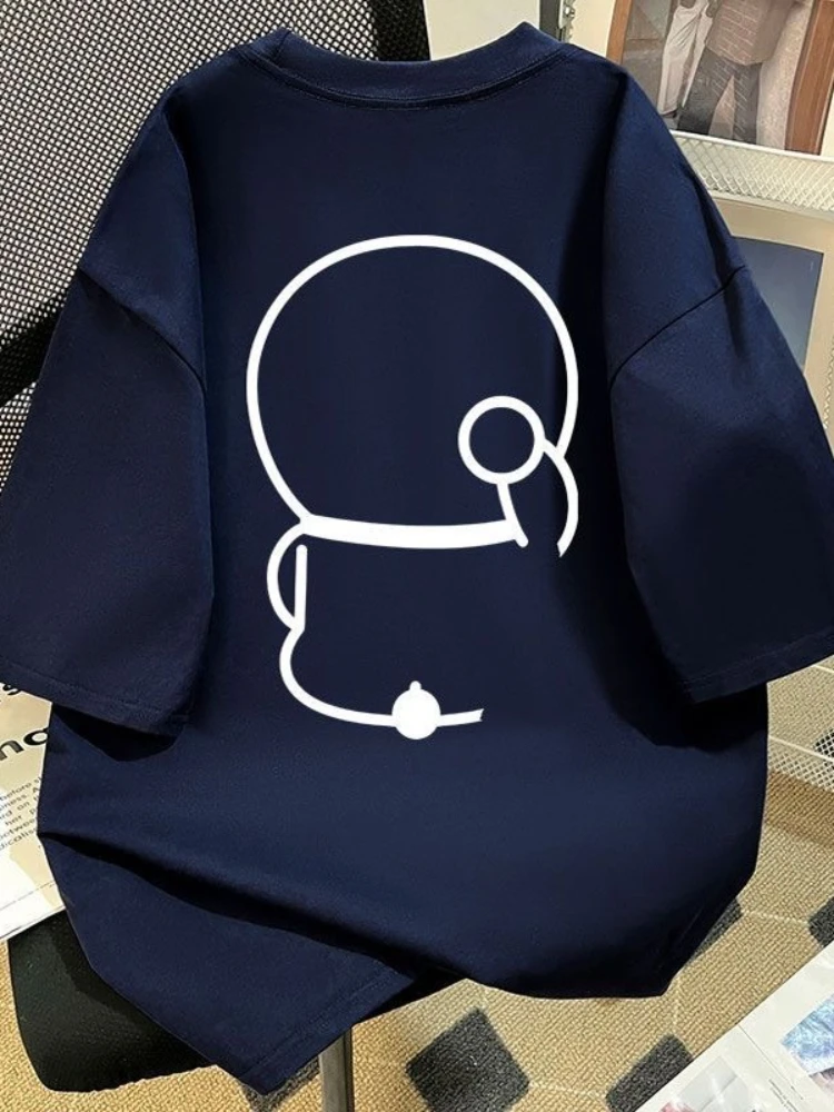 2025 الصيف الاتجاه فضفاض اليابانية الحد الأدنى خطوط الكرتون عبقور قصيرة القطن الخالص كم تي شيرت للرجال والنساء زوجين #4