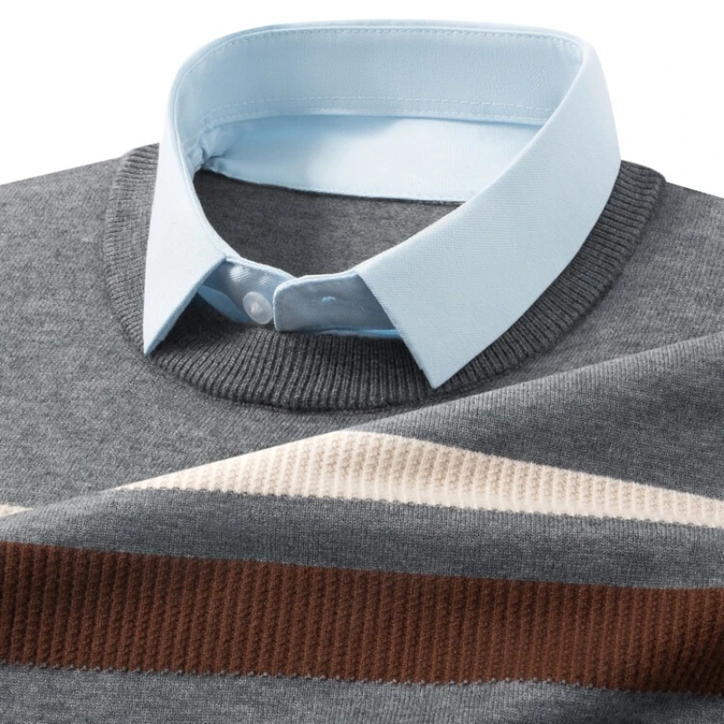 

Men's Shirt-Collar Knit Sweater, Blue Collar Contrast with Chest Stripe, Thickened Wool Blend, Business Warmth Winter​