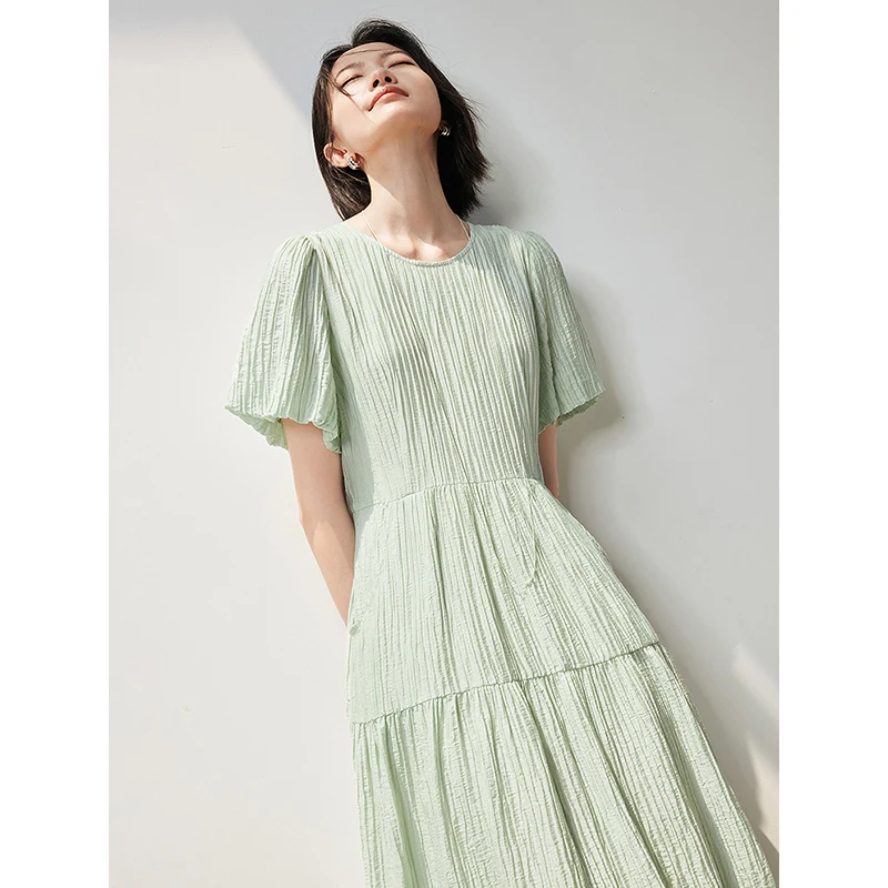 TOYOUTH Women Dress 2024 Summer New Elegant Solid Pleated Round Neck Puff Sleeves Mid Length Casual Dress With Waistband