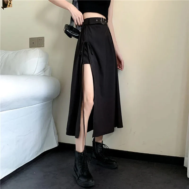 Summer Sexy Midi Skirt Women Irregular Slit Black Bandage Elegant Skirts High Waist A Lien Streetwear Simple Harajuku Chic Skirt