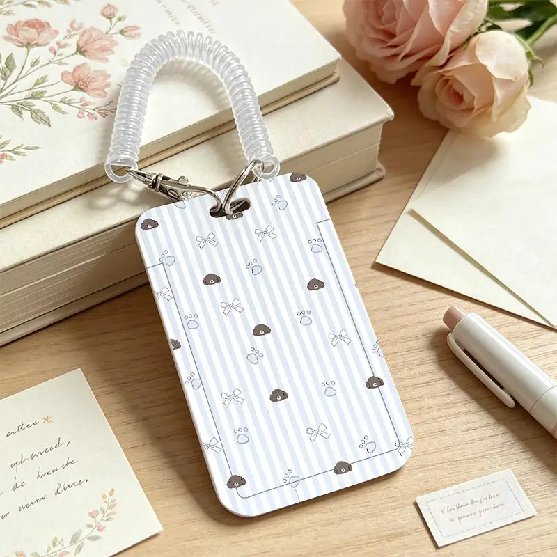 Blue Stripes Card Sleeve for Credential Badge Holder Pendant Keychain Student Bus/Meal Card Protection Case with Spring Rope