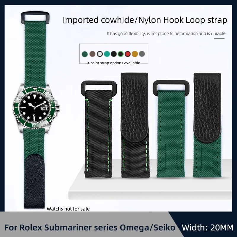 20mm Hook and Loop Strap Black/Green/Red/Gray/White/Blue for Rolex Daytona Yacht-Master Submariner Omega Seamaster Seiko Watches