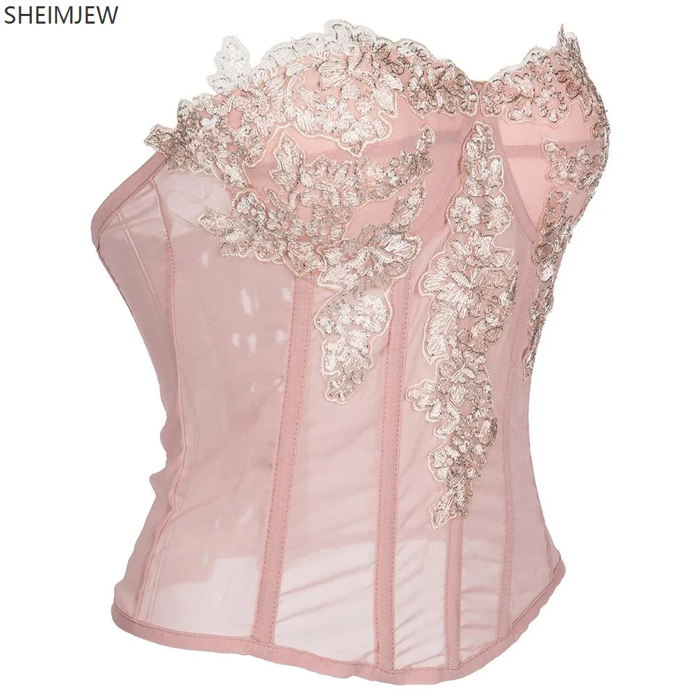 Medieval Victorian Padded Push Up Corset Pink Floral Embroidery Applique Sheer Mesh Top Women Elegant Sexy Gothic Costumes New