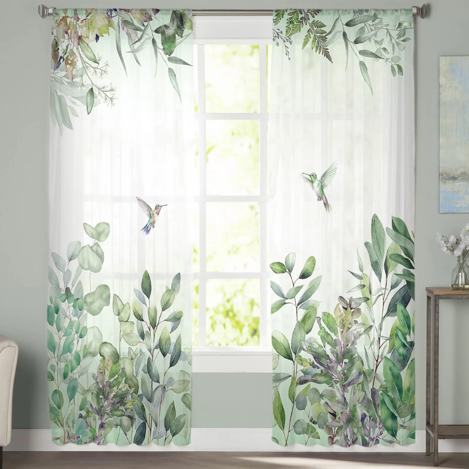 Watercolor Plant Leaves Hummingbird Green Tulle Curtains For Living Room Bedroom Children Room Decor Sheer Curtains