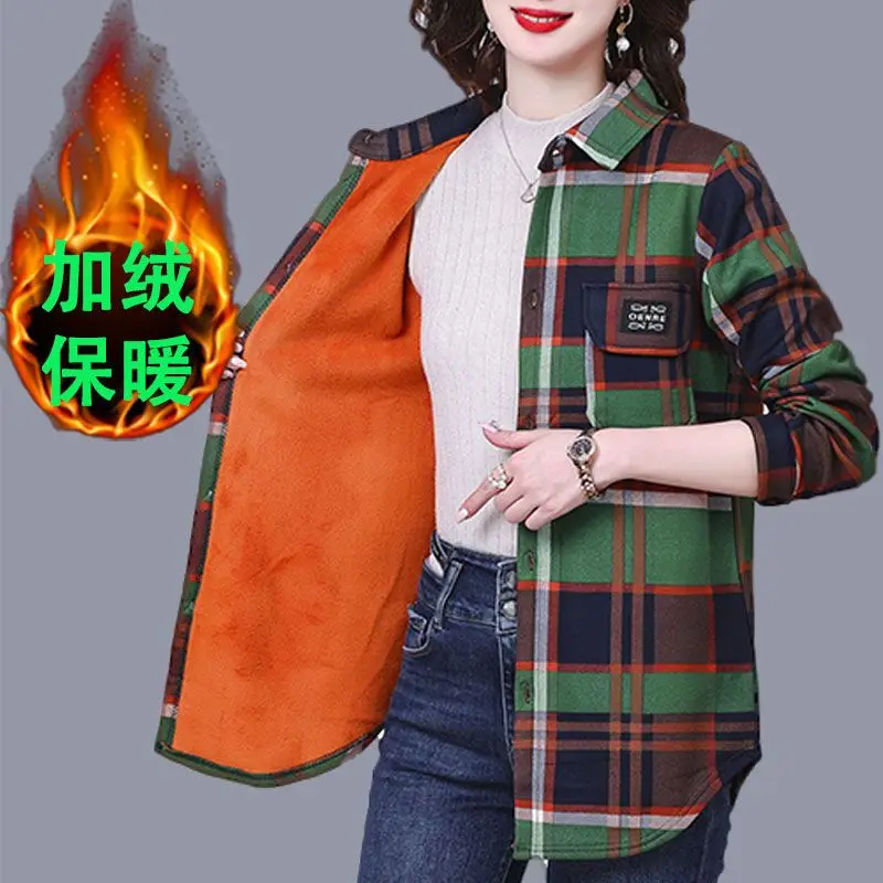 Add Velvet Plaid Shirt Female Fashion Spring Autumn Winter Warm Bottom Shirt Women\'s Loose Long Sleeved Shirt Jacket Tops