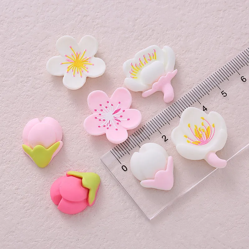 10pcS Pink Peach Blossom White Bud Resin DIY Icebox Shoes Hat Barrette Mobile Phone Case Decoration Cream Glue Flat Back Resin