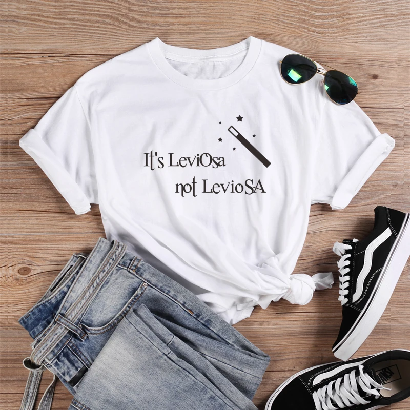 Onseme Vrouwelijke Kawaii T-Shirts Het Is Leviosa Niet Leviosa Letter T-Shirt Vrouwen Schattige Toverstaf Patroon Tees Vrouwen Katoenen Tops