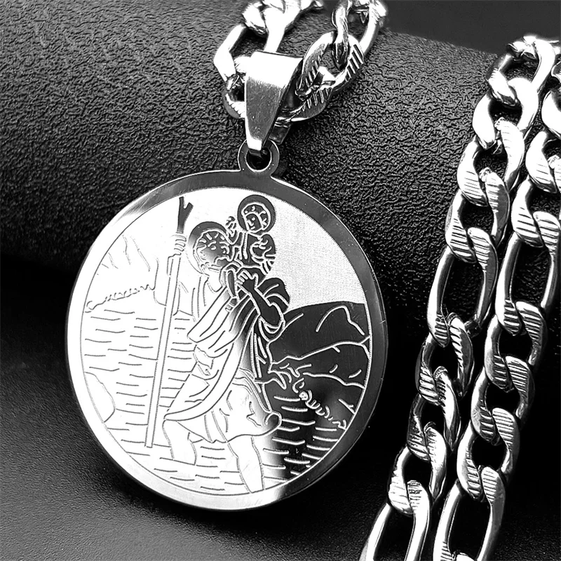 Heiliger Christophorus Christuskind Runde Medaillen-Halskette für Damen und Herren Edelstahl Goldfarben Christlicher Hip-Hop-Ketten-Schmuck