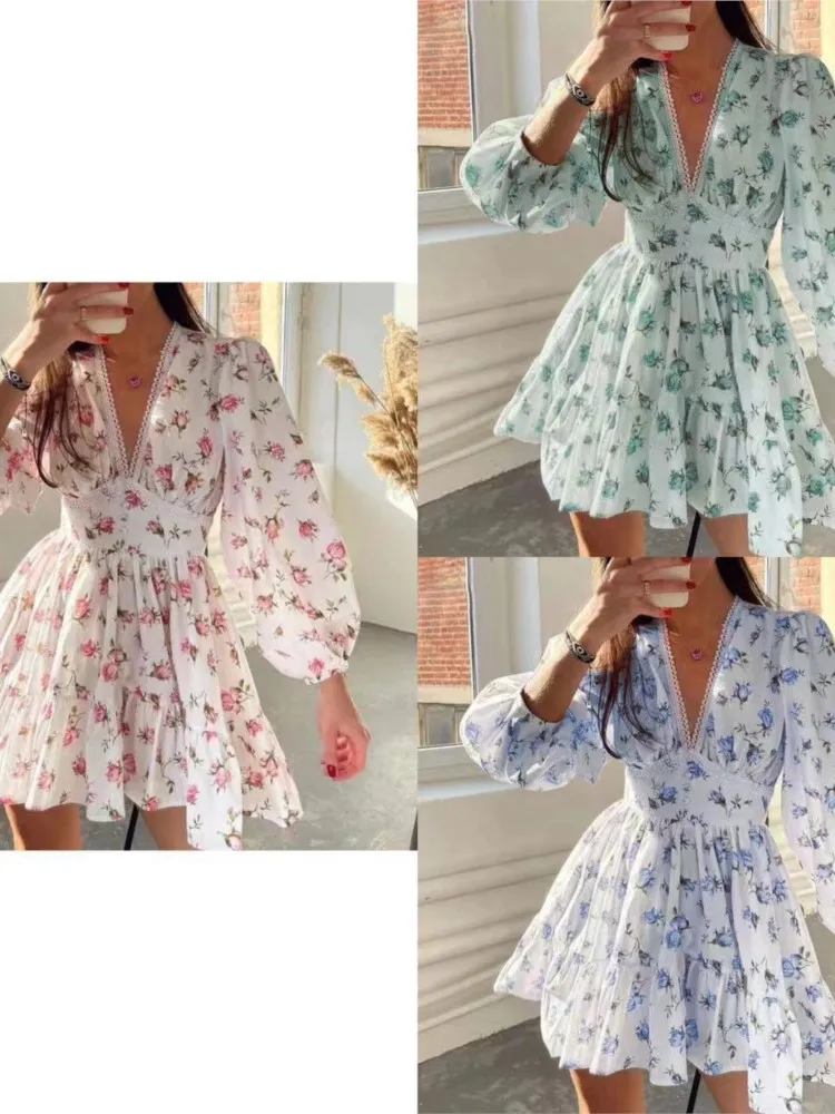 Spring Women\'s New Temperament Sweet Fashion Print Sexy V-neck Lace Lantern Sleeves High Waist Short A-line Dress