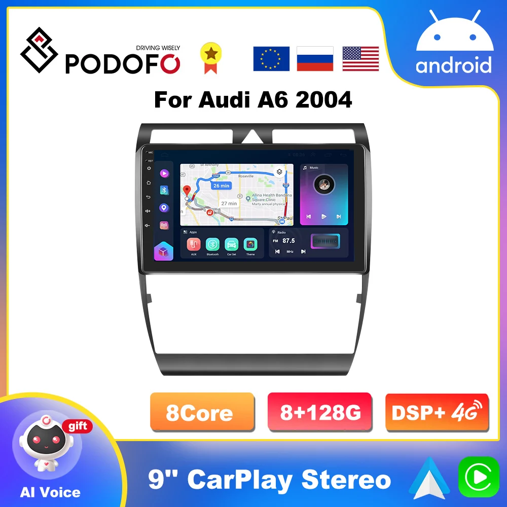 Podofo 4G Wifi CarPlay Android Auto Radio For Audi A6 C5 1997-2004 Car Multimedia Player 9