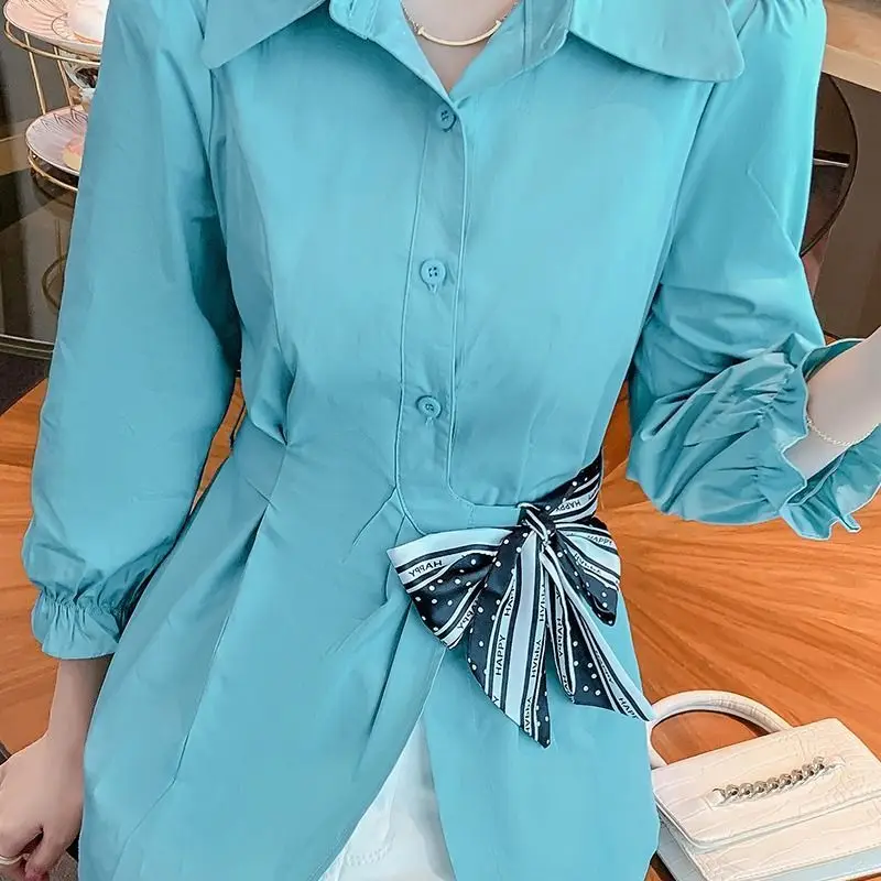 Elegant Lapel Folds Bandage Bow Puff Sleeve Shirts Women\'s Clothing 2024 Spring Summer New Loose Korean Tops Office Lady Blouses