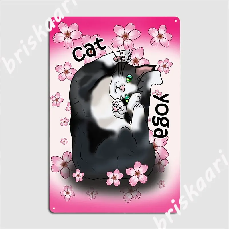 Cute Cat Yoga Pose With Pink Flowers Metal Plaque Poster Plates Club Mural Vintage Tin Sign Poster