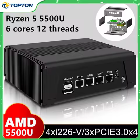 Topton Full Metal AMD Ryzen 5 5500U Mini PC 4x2.5G LAN NAS Firewall Appliance 3*NVMe 2*SATA 3x4K UHD Proxmox pfSense Home Server