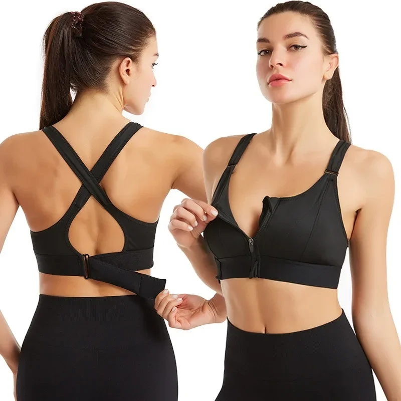 New Women Sports Bra Adjustable Strap Front Zipper Tights Crop Top Yoga Vest Shockproof Gym Fitness Athletic Brassiere Underwear