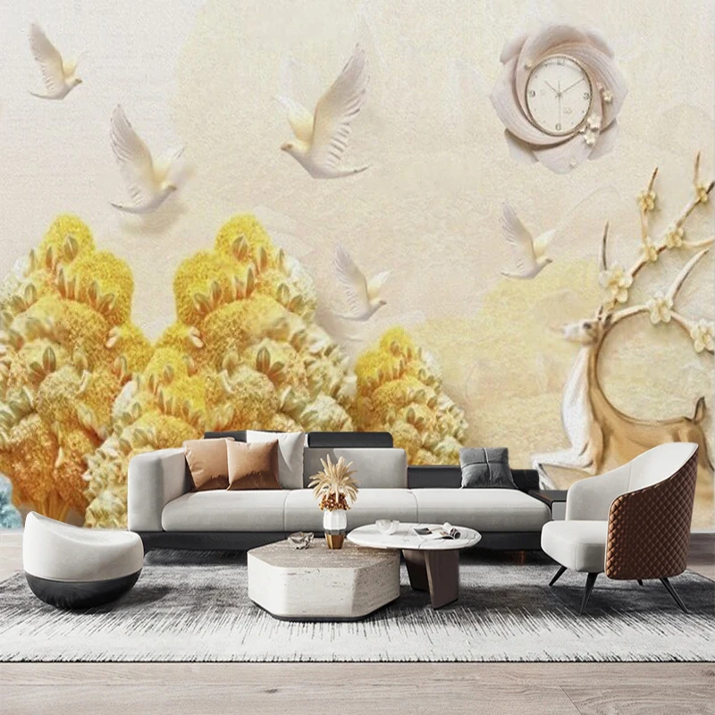 Nordic-Style Chinese Relief Oil Painting Of A White Crane And A Deer Wall-Mounted Clock And TV Background Decoration Painting