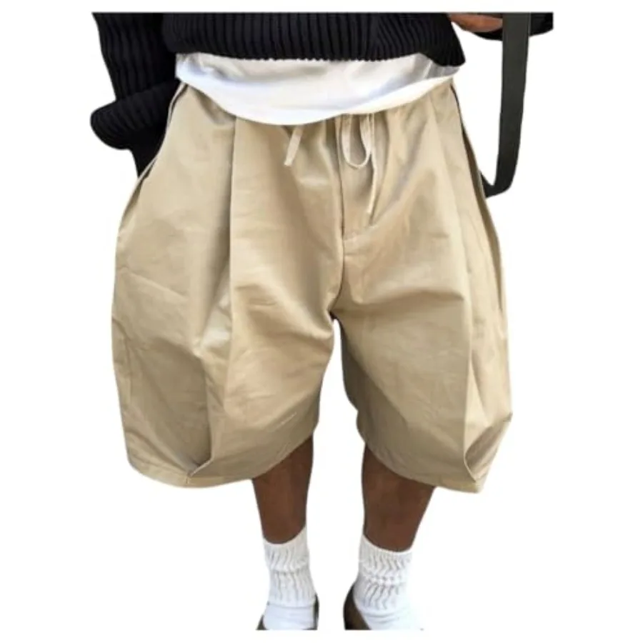 Men's Pleated Cargo Shorts Summer Casual Wide Leg Oversized Bermuda Shorts Streetwear Jorts with Pockets