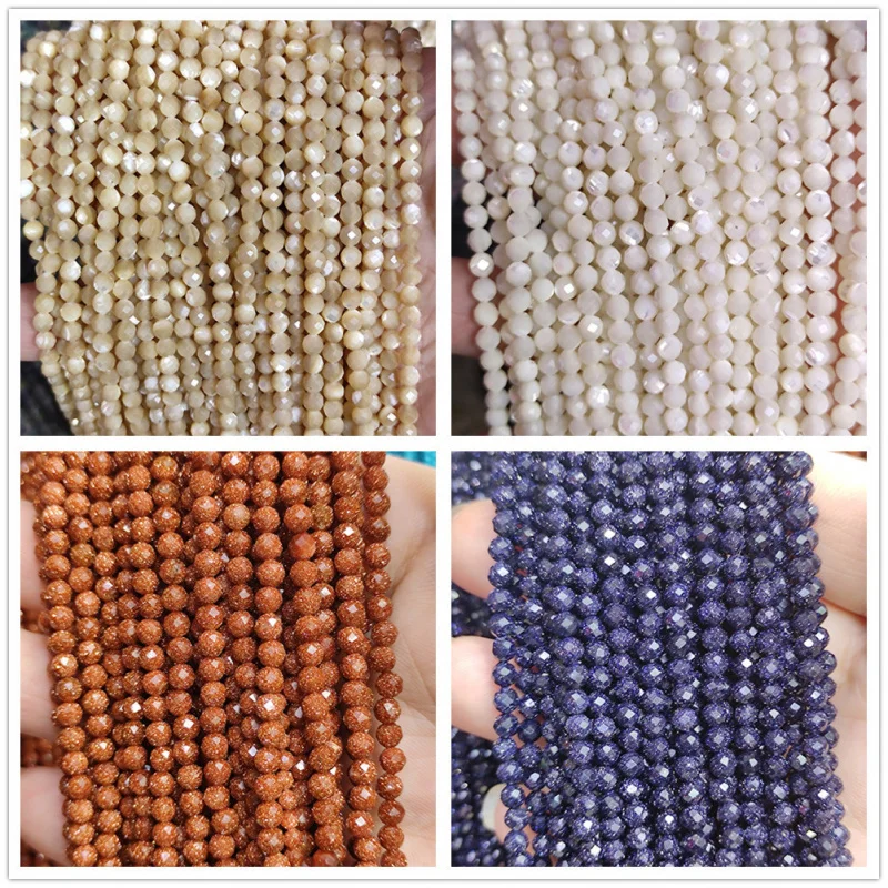 

MANKUU Women DIY Bracelet Necklace Ornament Accessory Natural Shell Bead Round Gold Stone Blue Green Sand Gemstone Faceted Beads