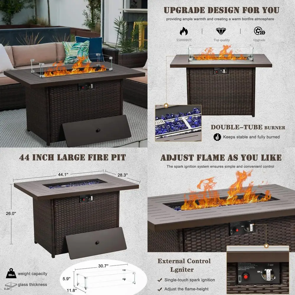 

Outdoor Gas Fire Pit Table, 44 Inch Rectangular with 55000 BTU, Glass Wind Guard for Patio and Deck (Brown Aluminum)